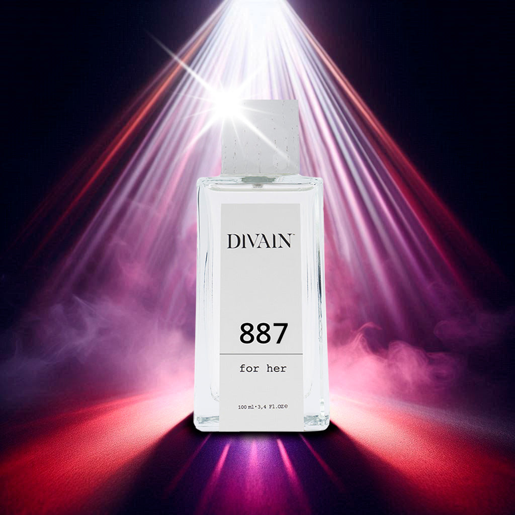 Perfume divain-887 con una iluminación neón roja y morada como si viniera del cielo