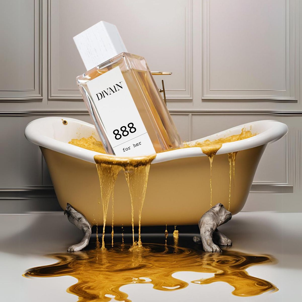 Perfume divain-888 metido en una bañera y rebosándose un líquido dorado como si fuese oro derretido