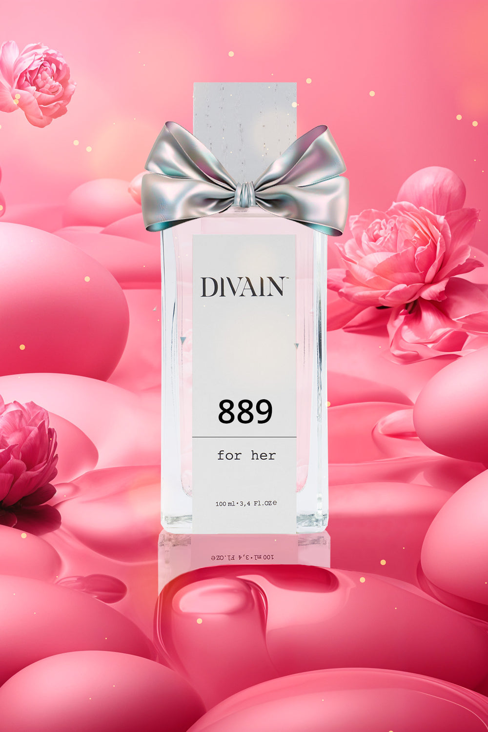 Perfume divain-889 apoyado sobre burbujas de color rosa