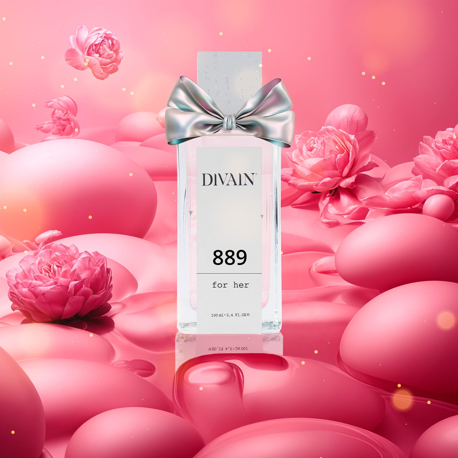 Perfume divain-889 apoyado sobre burbujas de color rosa