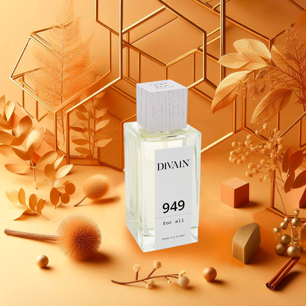 Perfume divain-949 en un fondo otoñal con elementos cuadrados y flores todo ello de color marrón amarillento