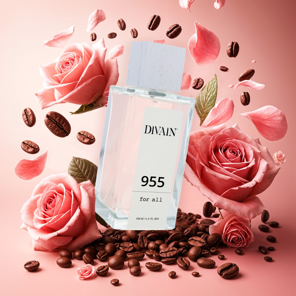 Perfume divain-955 rodeado de sus notas olfativas como el café y las rosas