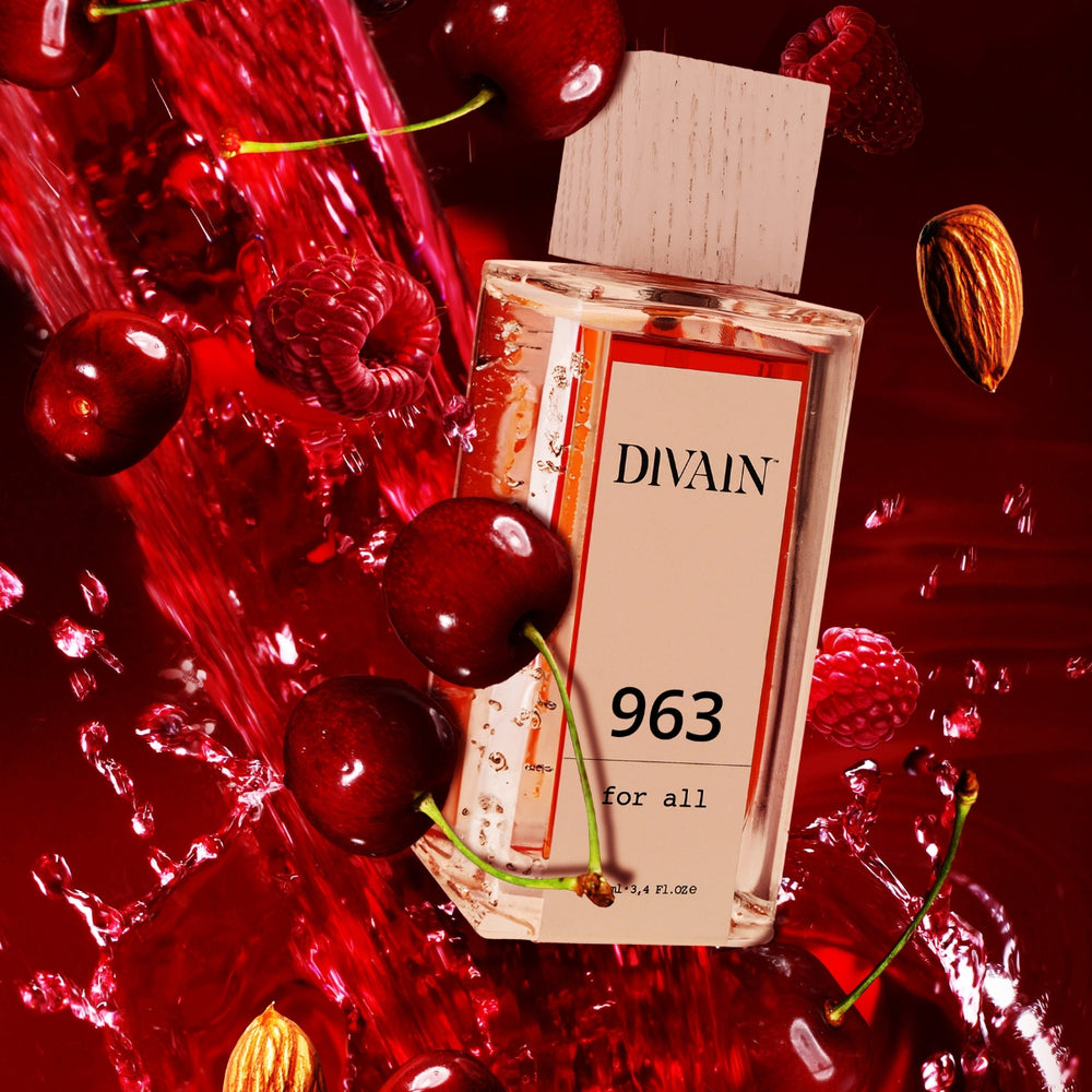 Perfume divain-963 rodeado de sus notas olfativas como la cereza y la frambuesa