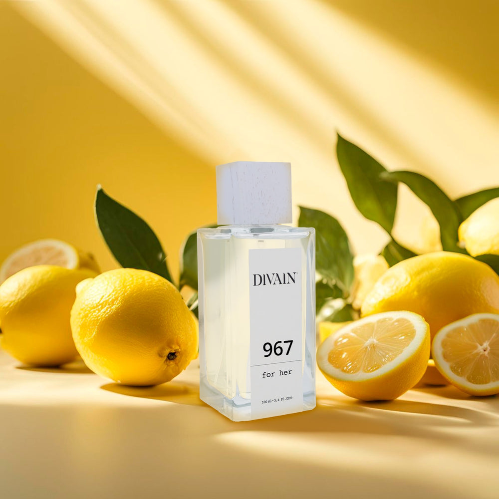 Perfume divain-967 rodeado de sus notas olfativas como el limón
