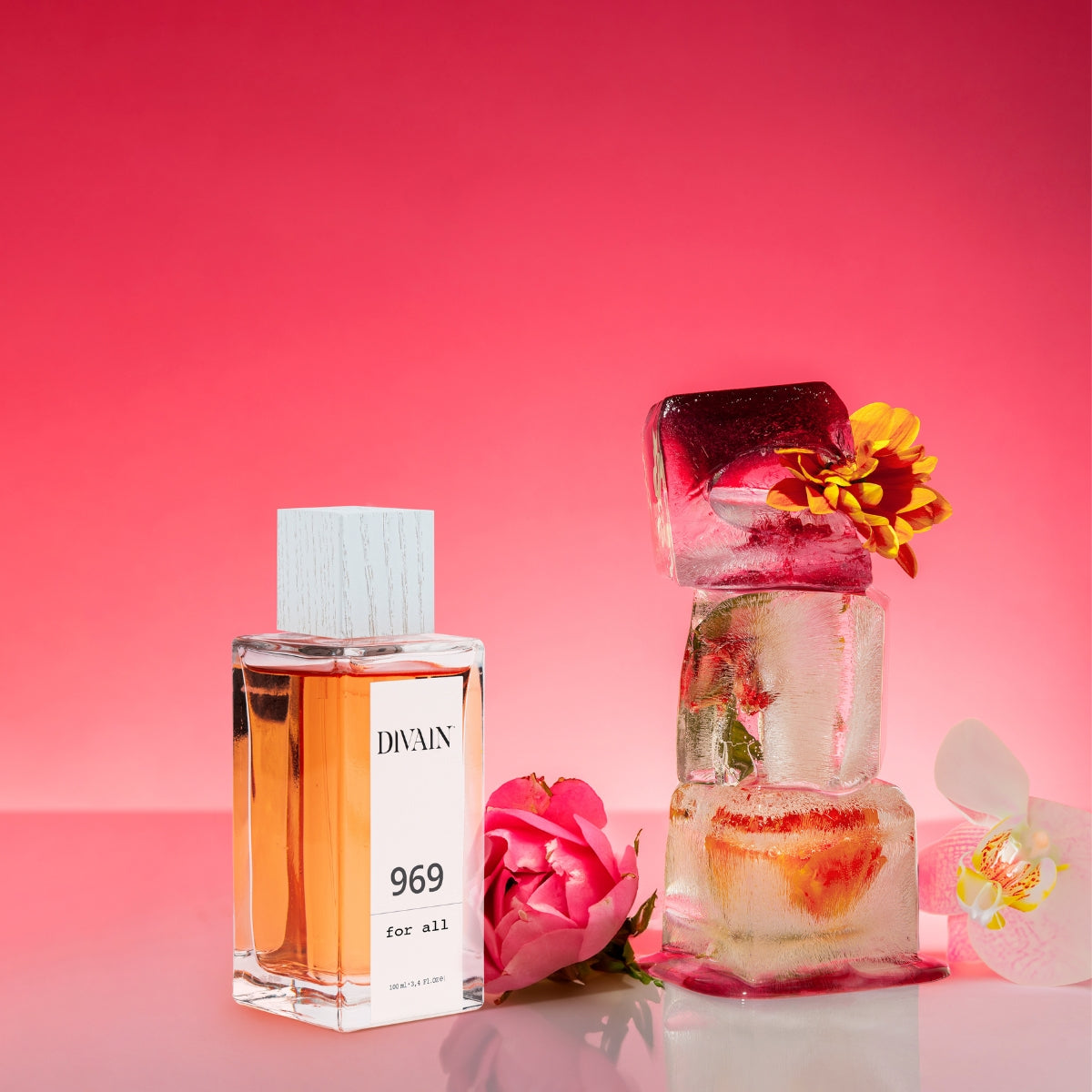 Perfume divain-969 rodeado de sus notas olfativas como la rosa de Bulgaria
