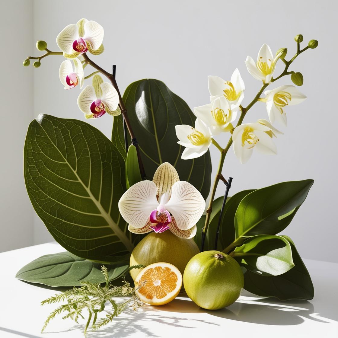 Orquídea, bergamota y almizcle blanco representando las notas olfativas del perfume.