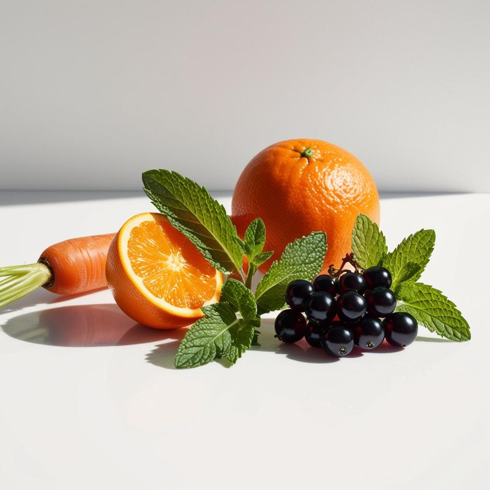 Zanahoria, albahaca, naranja y grosellas negras representando las notas olfativas del perfume.