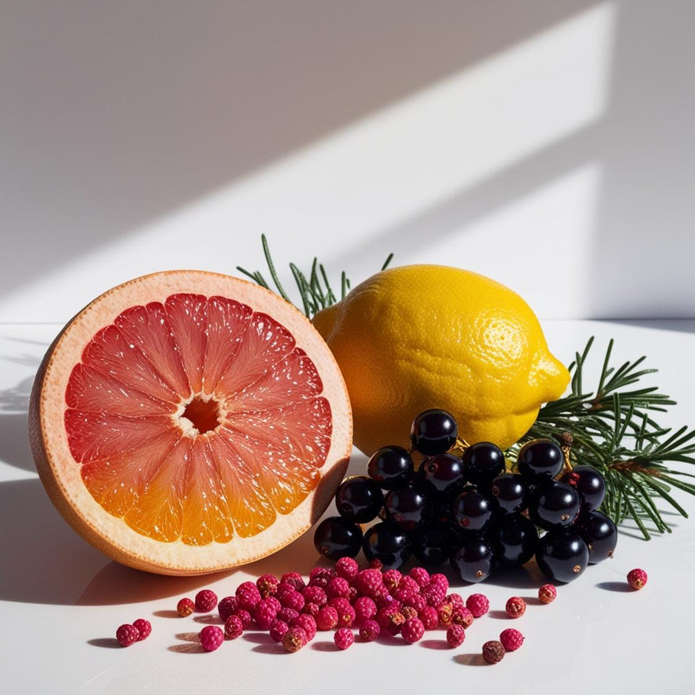 Pomelo, limón, pimienta rosa y grosellas negras representando las notas olfativas del perfume.