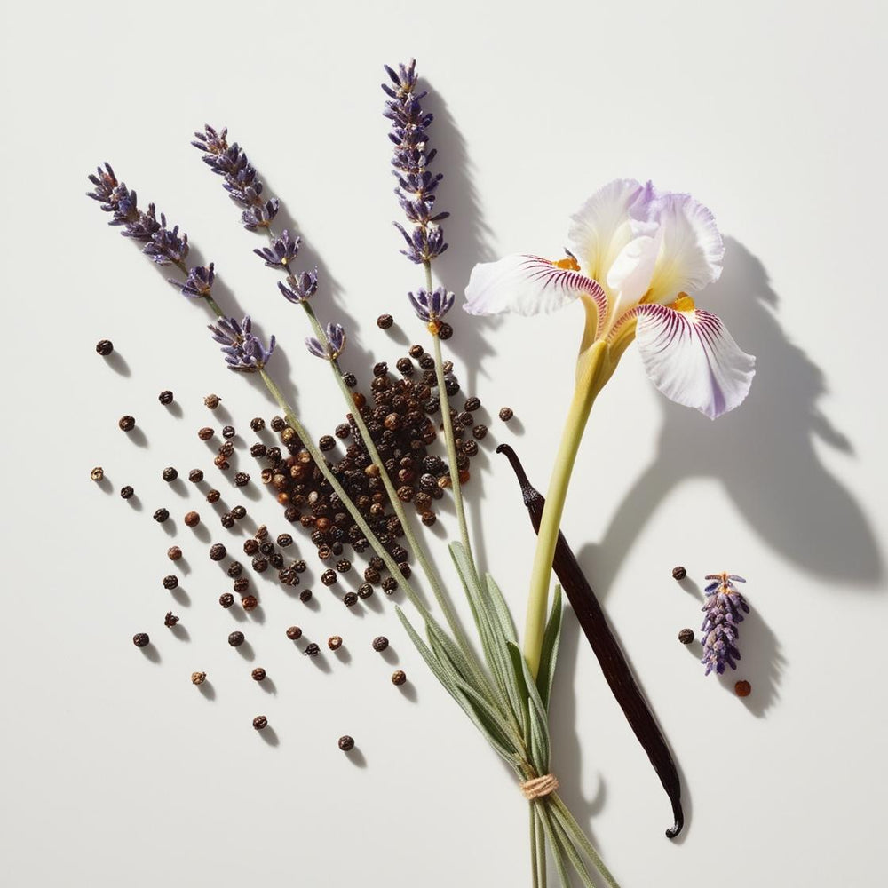 Lavanda, iris y pimienta negra representando las notas olfativas del perfume.