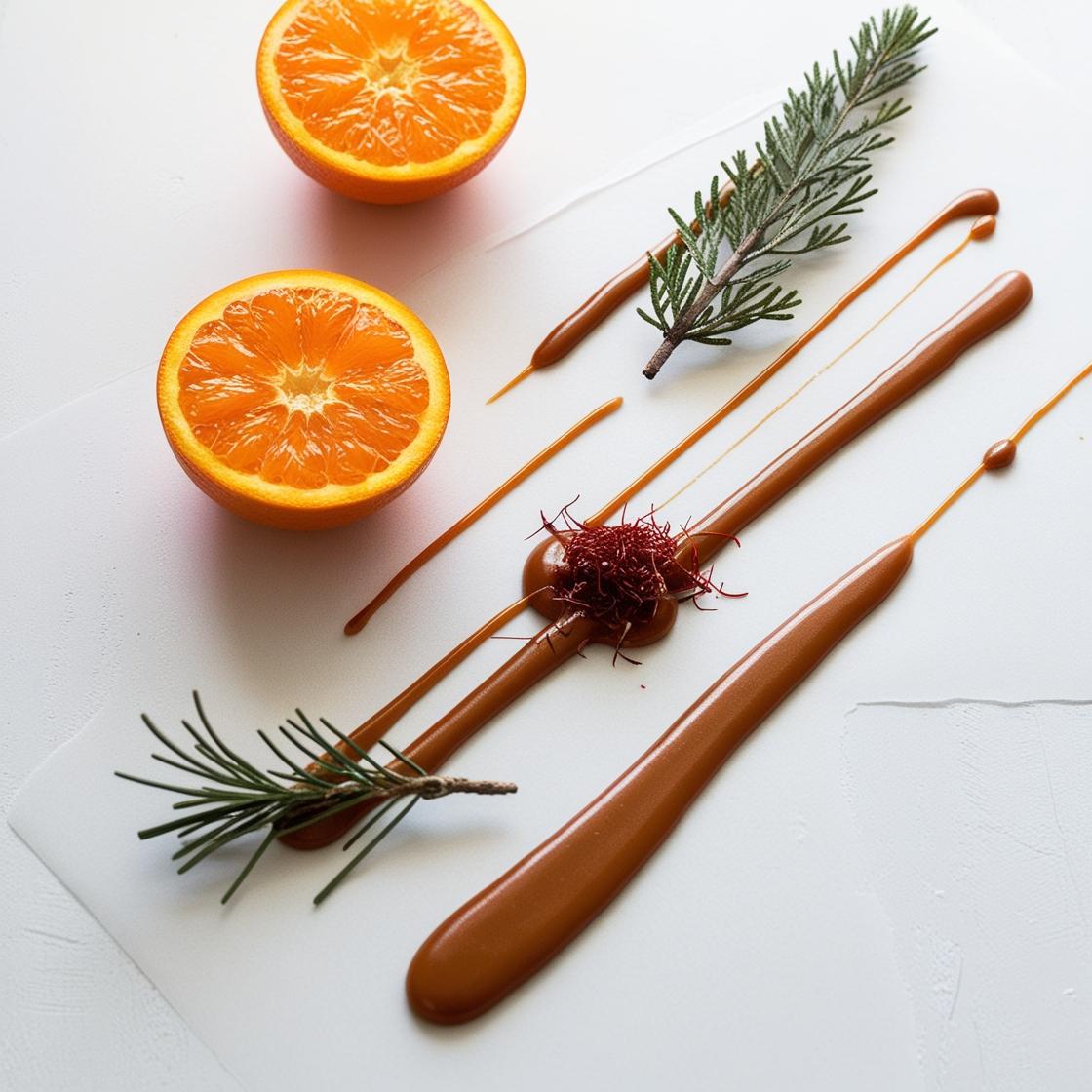 Mandarina, caramelo y cedro representando las notas olfativas del perfume.