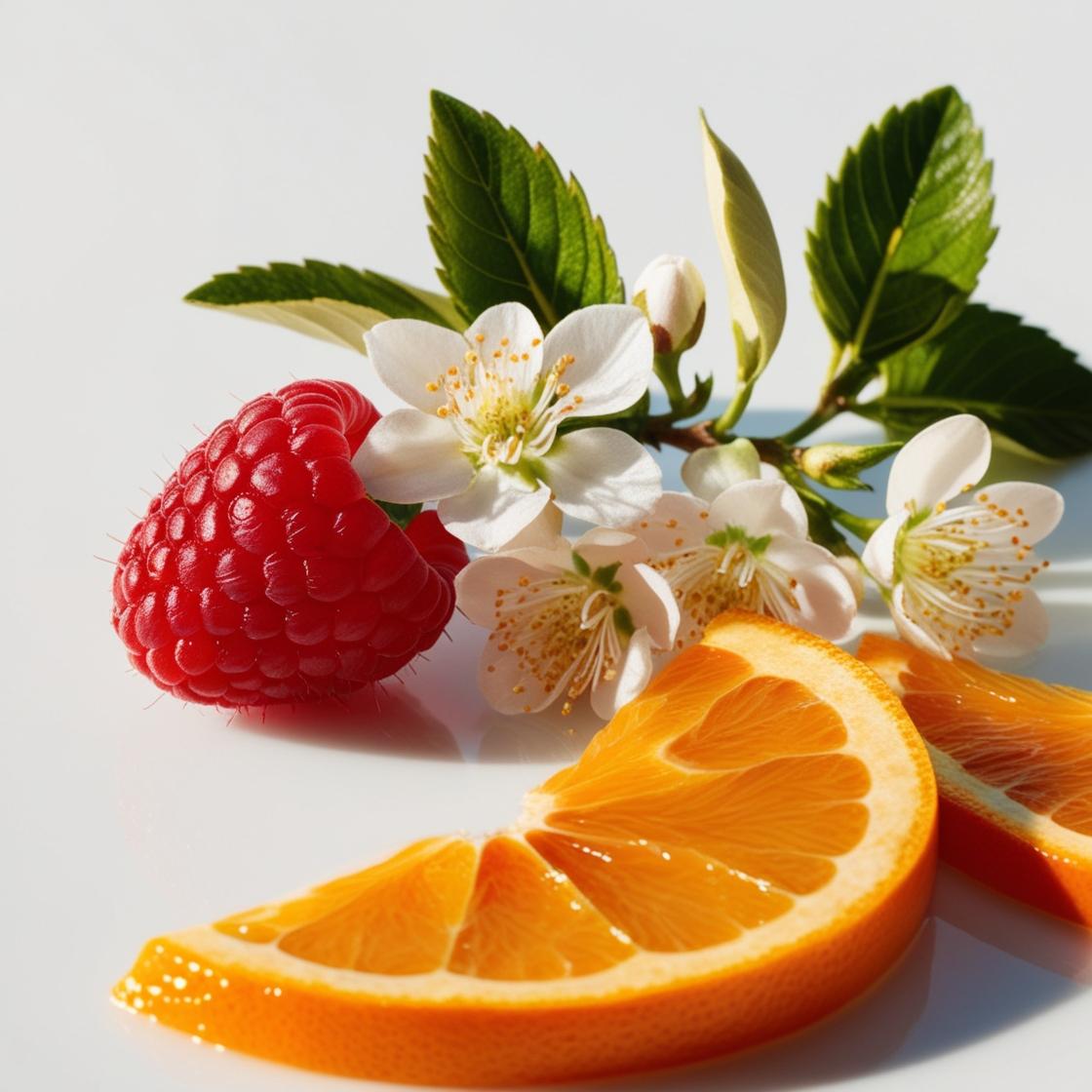 Mandarina, frambuesa y flor de azahar del naranjo representando las notas olfativas del perfume.