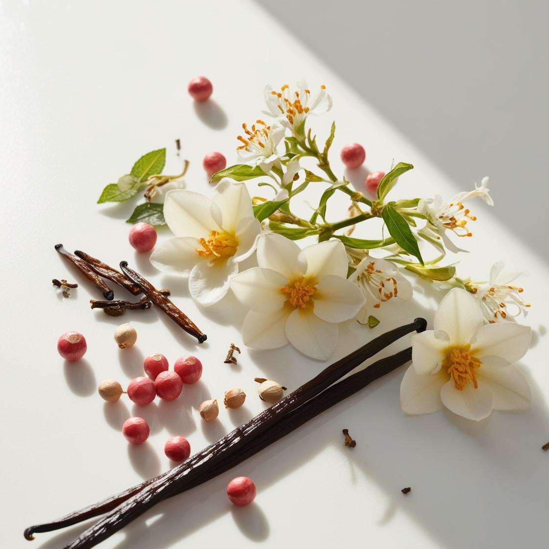 Vainilla, flor de azahar del naranjo y pimienta rosa representando las notas olfativas del perfume.