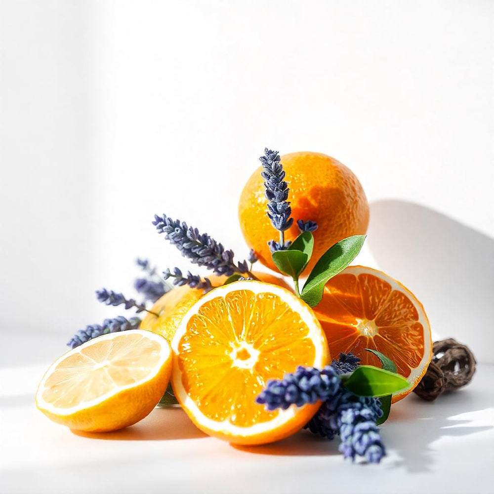 Naranja y lavanda representando las notas olfativas del perfume.