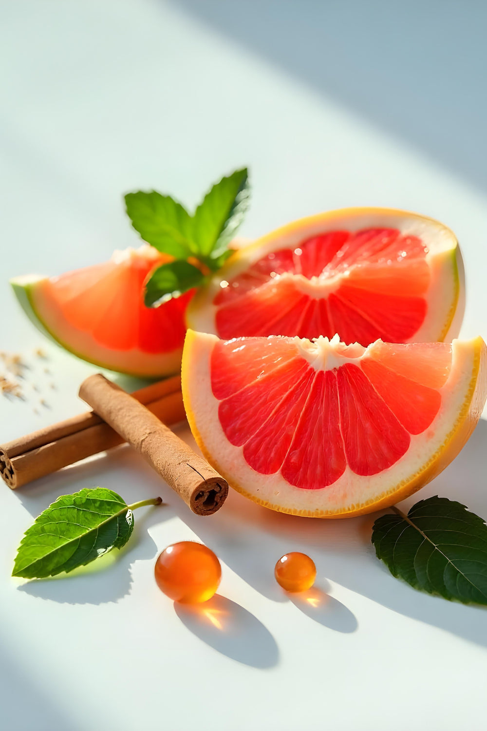 Pomelo, menta y canela representando las notas olfativas del perfume.