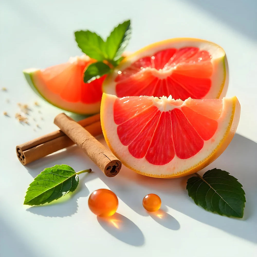 Pomelo, menta y canela representando las notas olfativas del perfume.