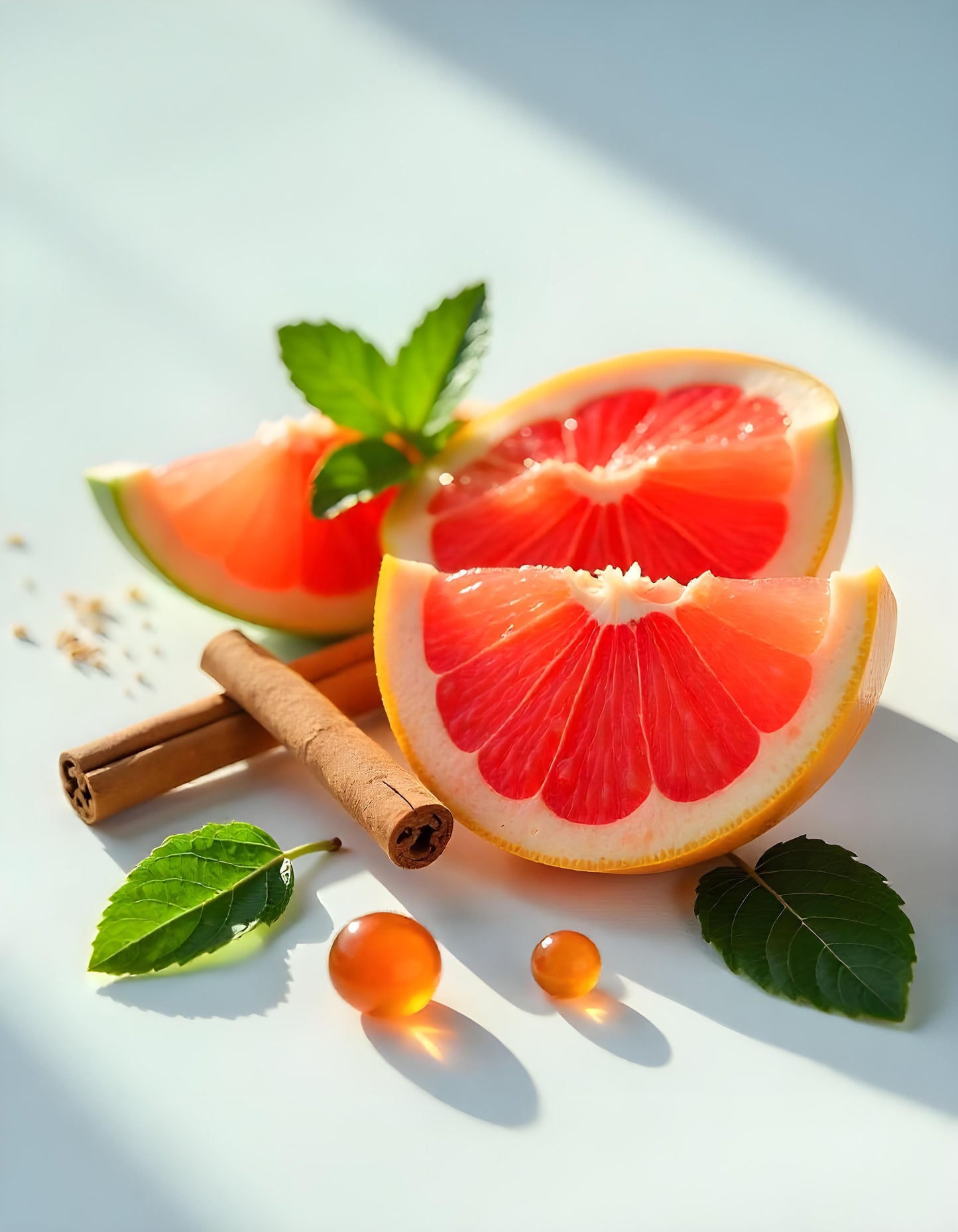 Pomelo, menta y canela representando las notas olfativas del perfume.