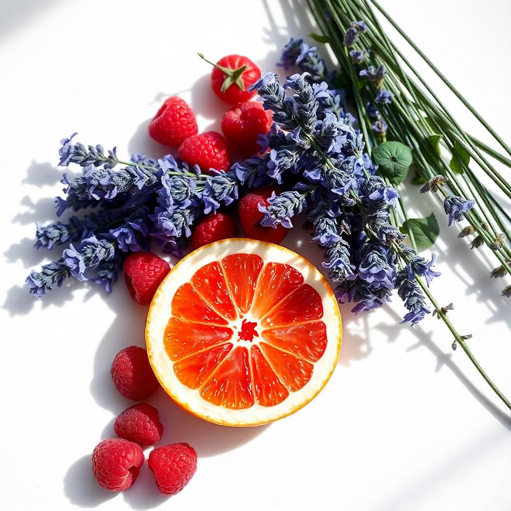 Pomelo, lavanda y frambuesa representando las notas olfativas del perfume.