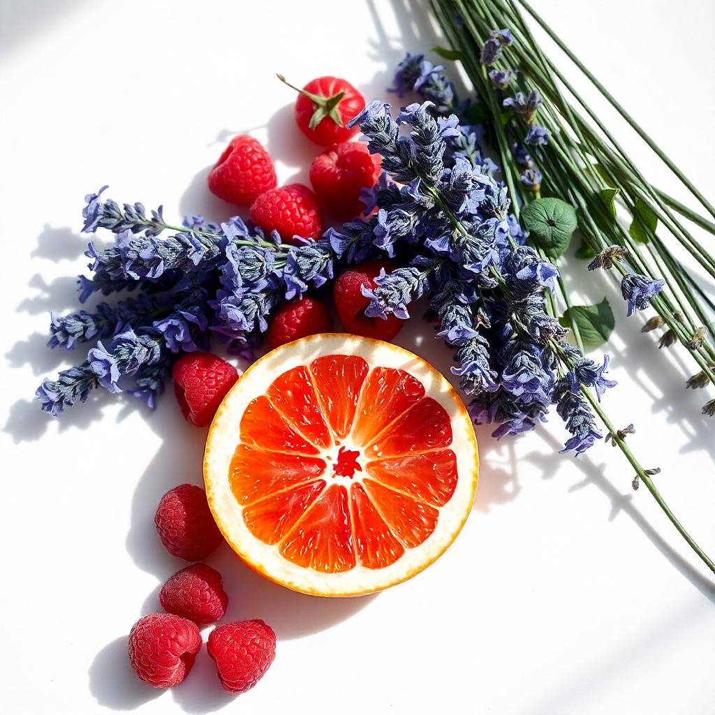 Pomelo, lavanda y frambuesa representando las notas olfativas del perfume.