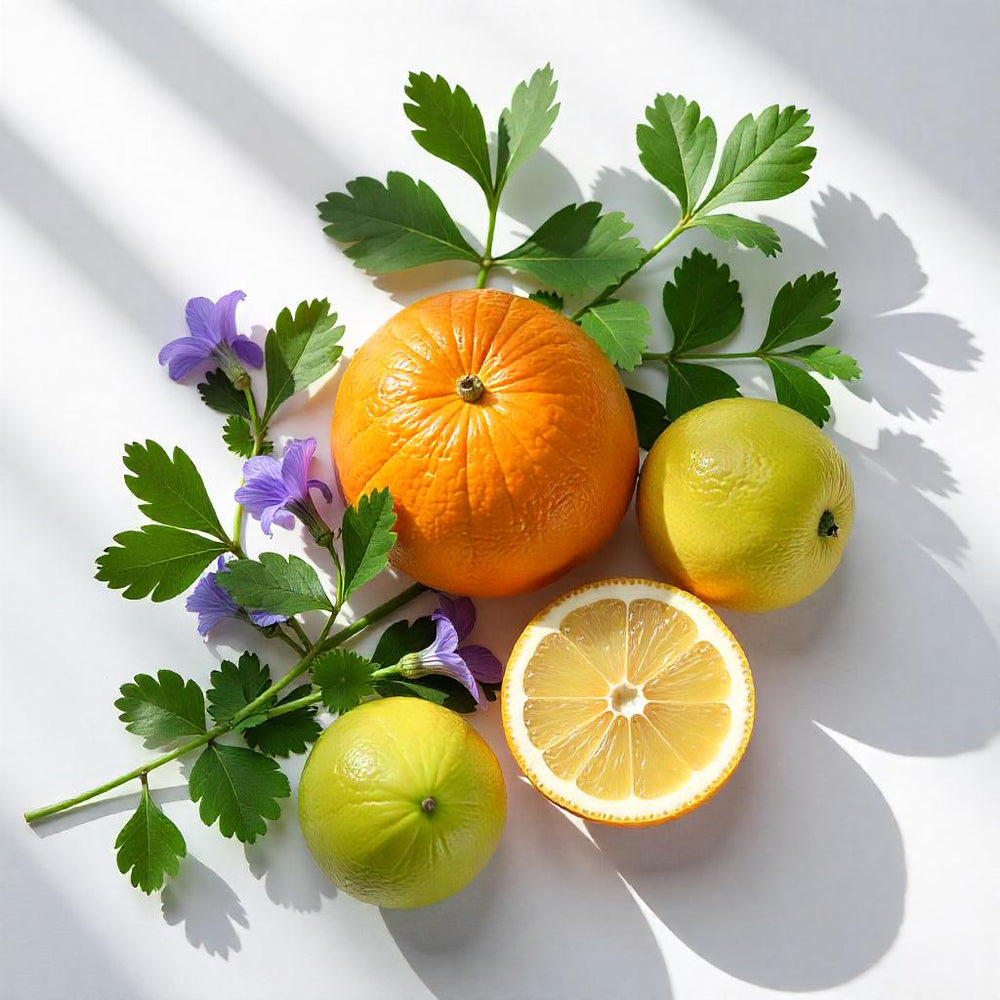 Limón, mandarina y violeta representando las notas olfativas del perfume.