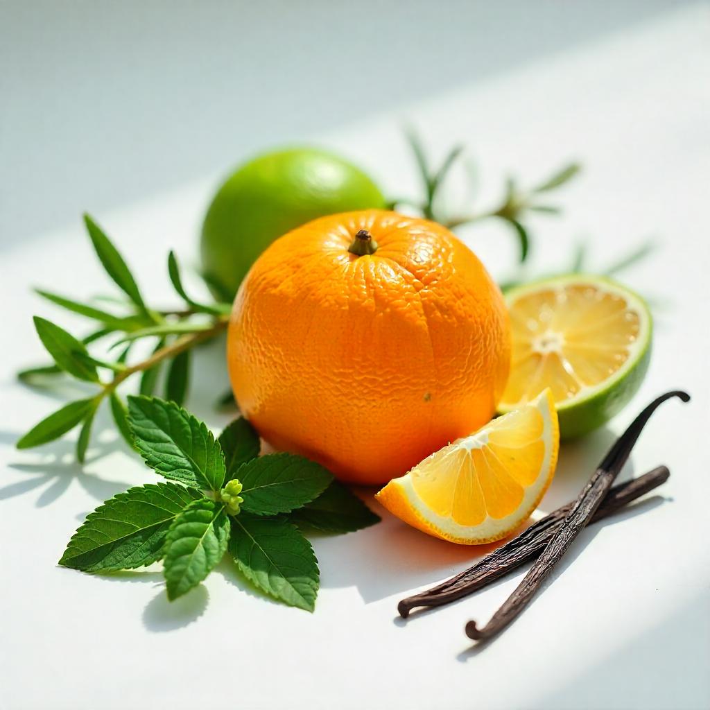 Mandarina, limón y vainilla representando las notas olfativas del perfume.