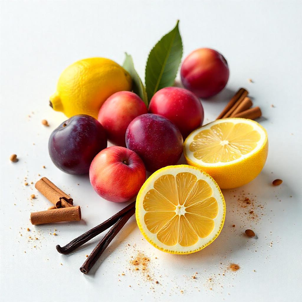 Limón, manzana, ciruela y canela representando las notas olfativas del perfume.