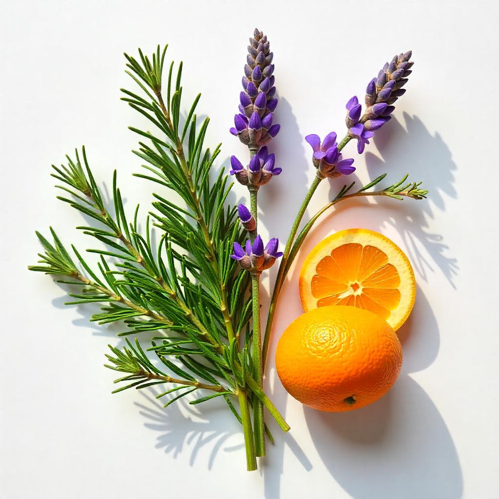 Mandarina, lavanda y romero representando las notas olfativas del perfume.