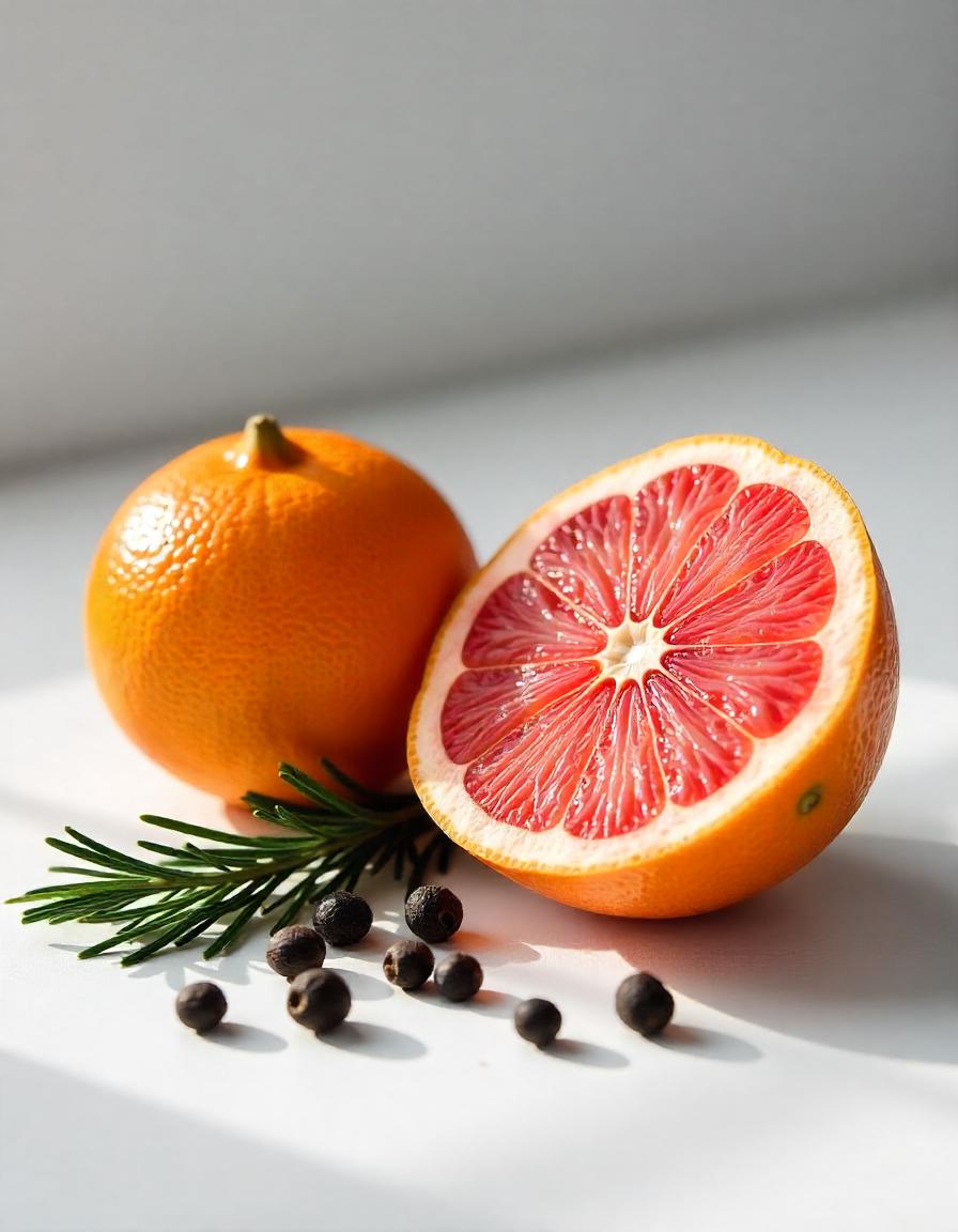 Naranja y pomelo representando las notas olfativas del perfume.