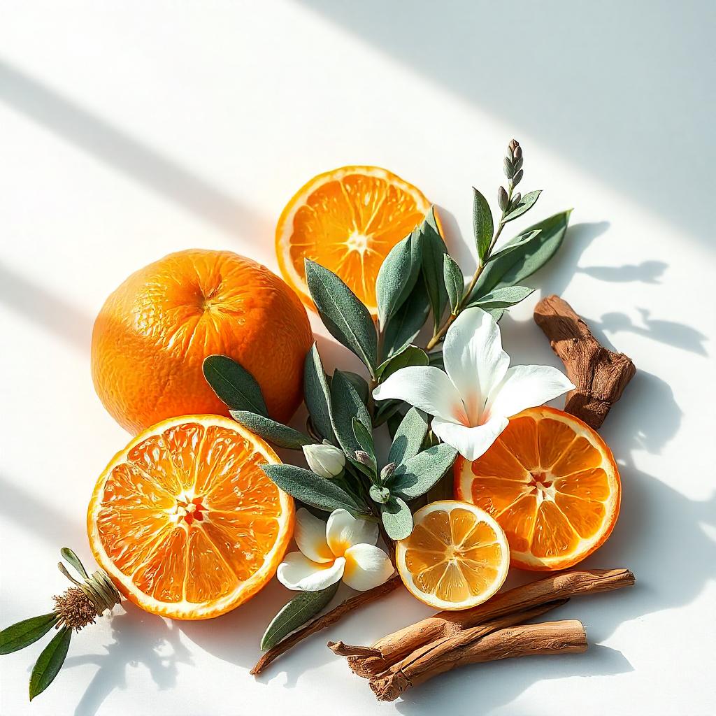 Naranja, mandarina y salvia representando las notas olfativas del perfume.