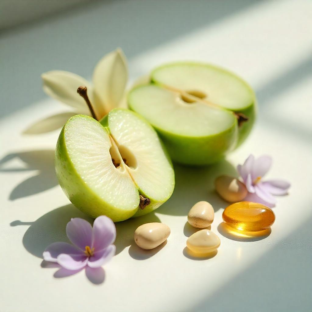 Manzana verde, violeta y ámbar representando las notas olfativas del perfume.