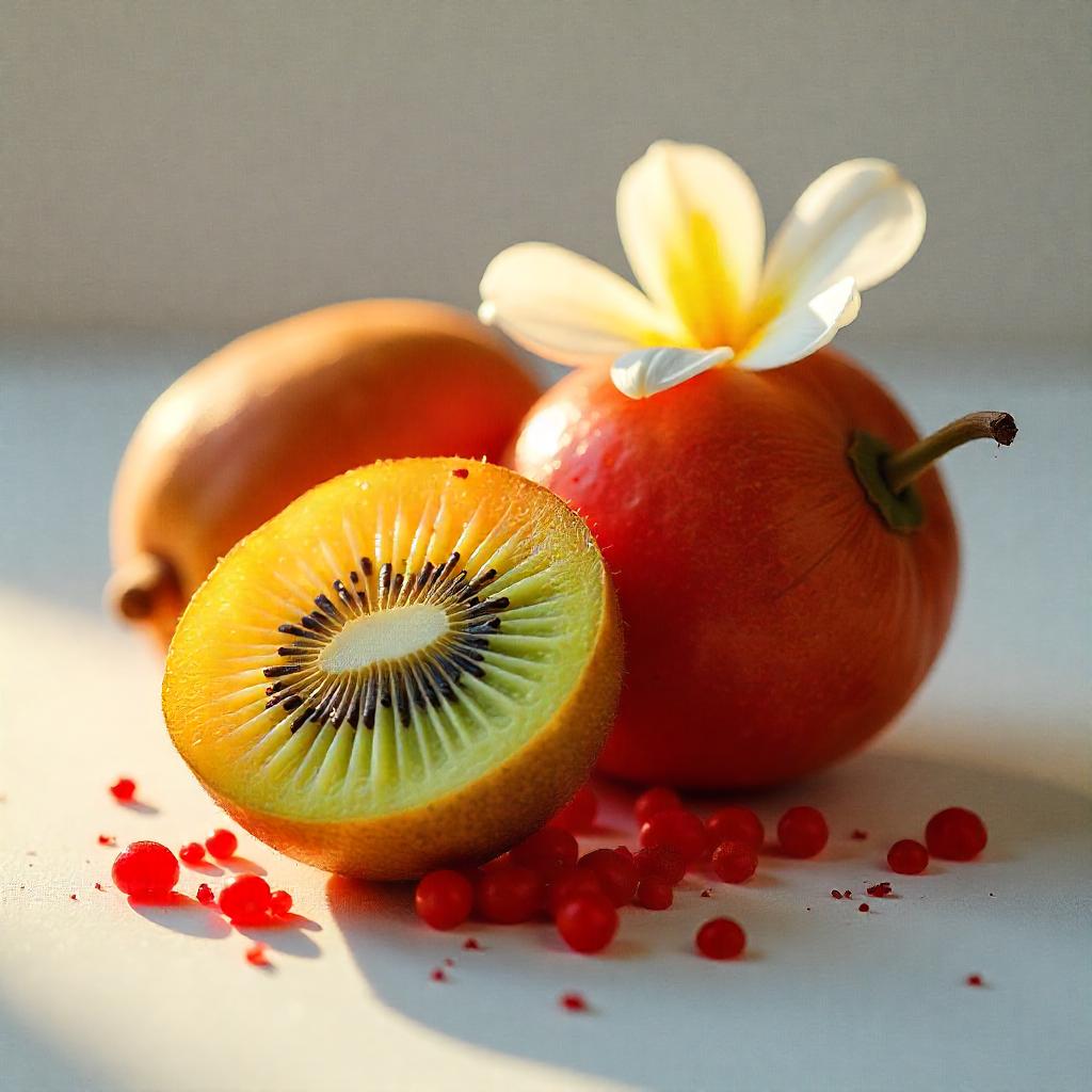 Kiwi, lichi rojo y jazmín representando las notas olfativas del perfume.