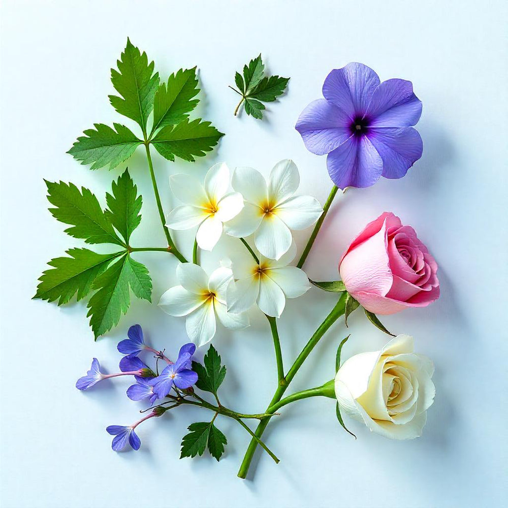 Hojas de violeta, gardenia y rosa representando las notas olfativas del perfume.