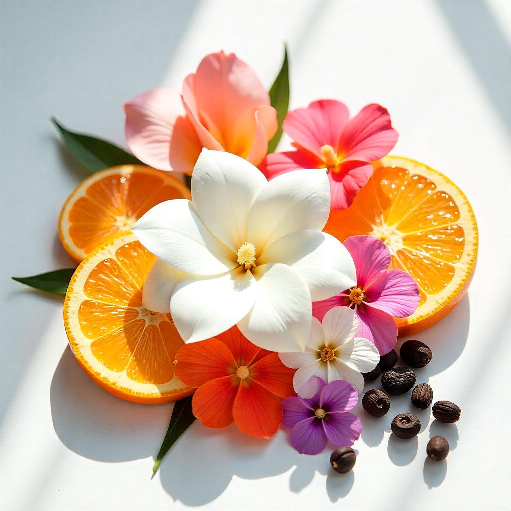 Mandarina, gardenia y rosa representando las notas olfativas del perfume.