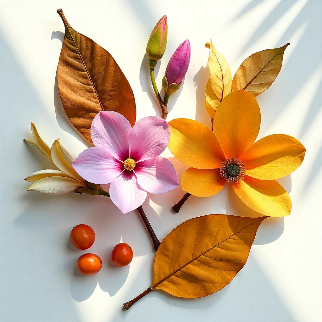 Violeta, hoja de plátano y magnolia representando las notas olfativas del perfume.