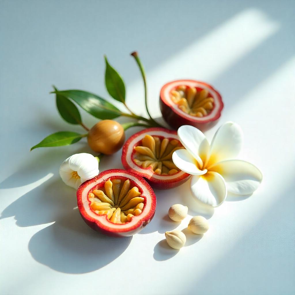 Maracuyá, gardenia y haba tonka representando las notas olfativas del perfume.