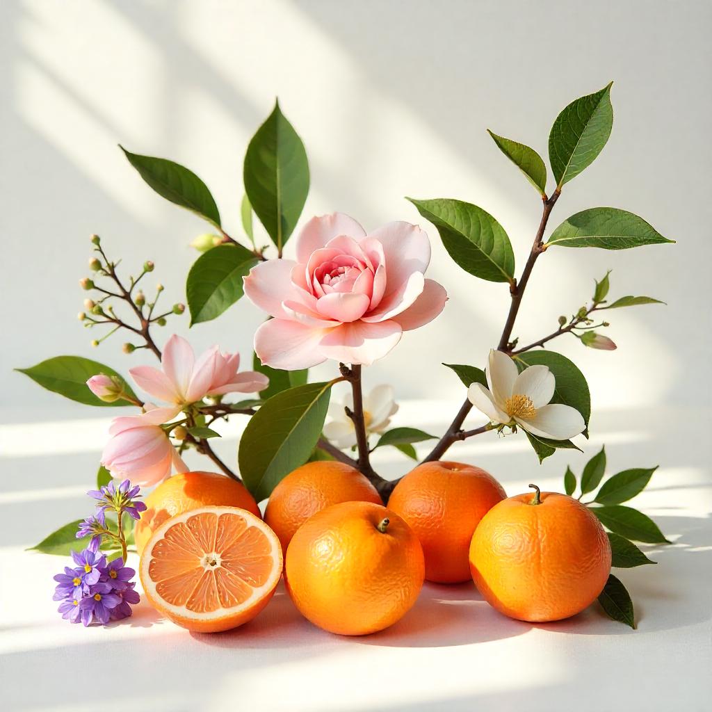 Mandarina, violeta y rosa representando las notas olfativas del perfume.