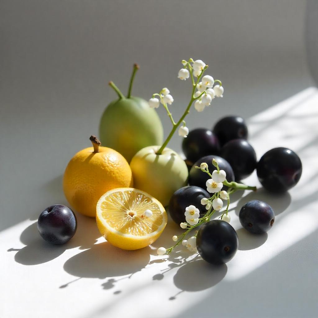 Mandarina hindú y ciruela representando las notas olfativas del perfume.