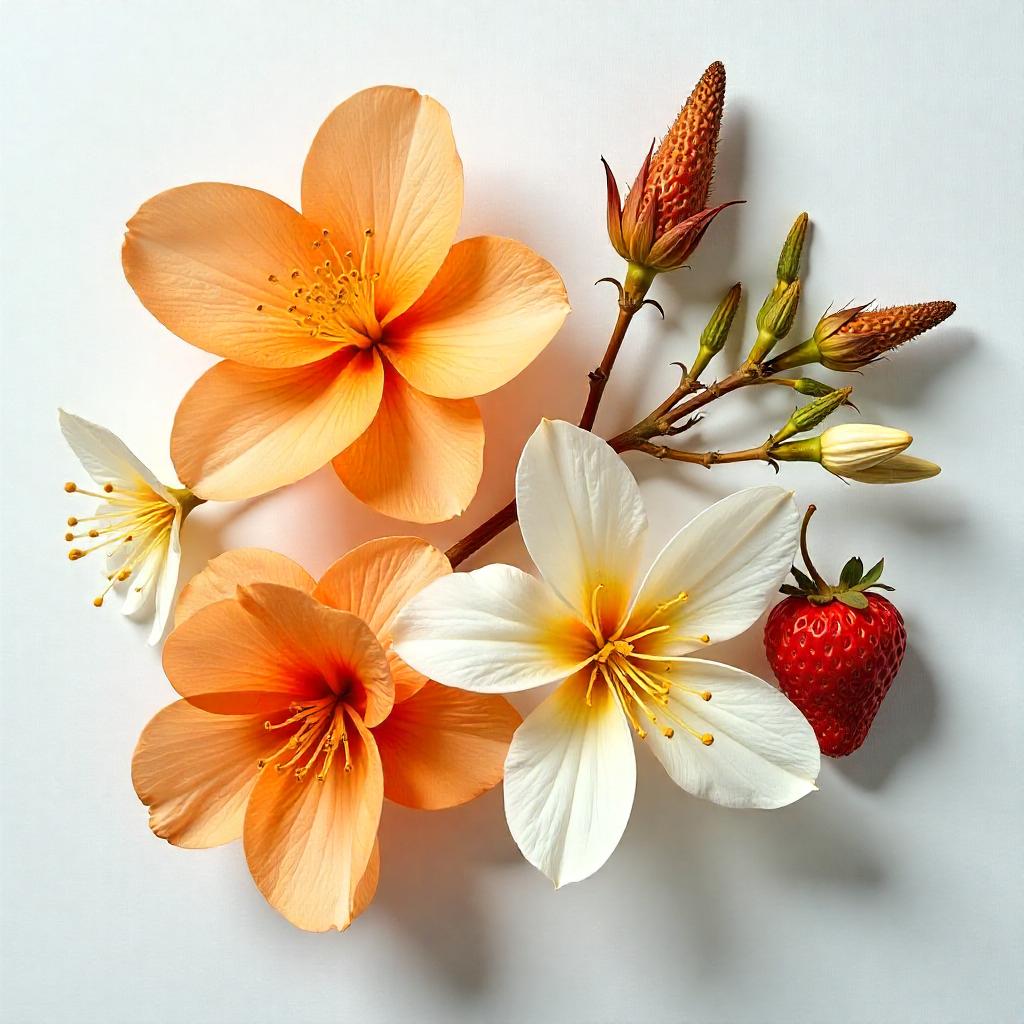 Jazmín, flor de naranjo y fresa representando las notas olfativas del perfume.