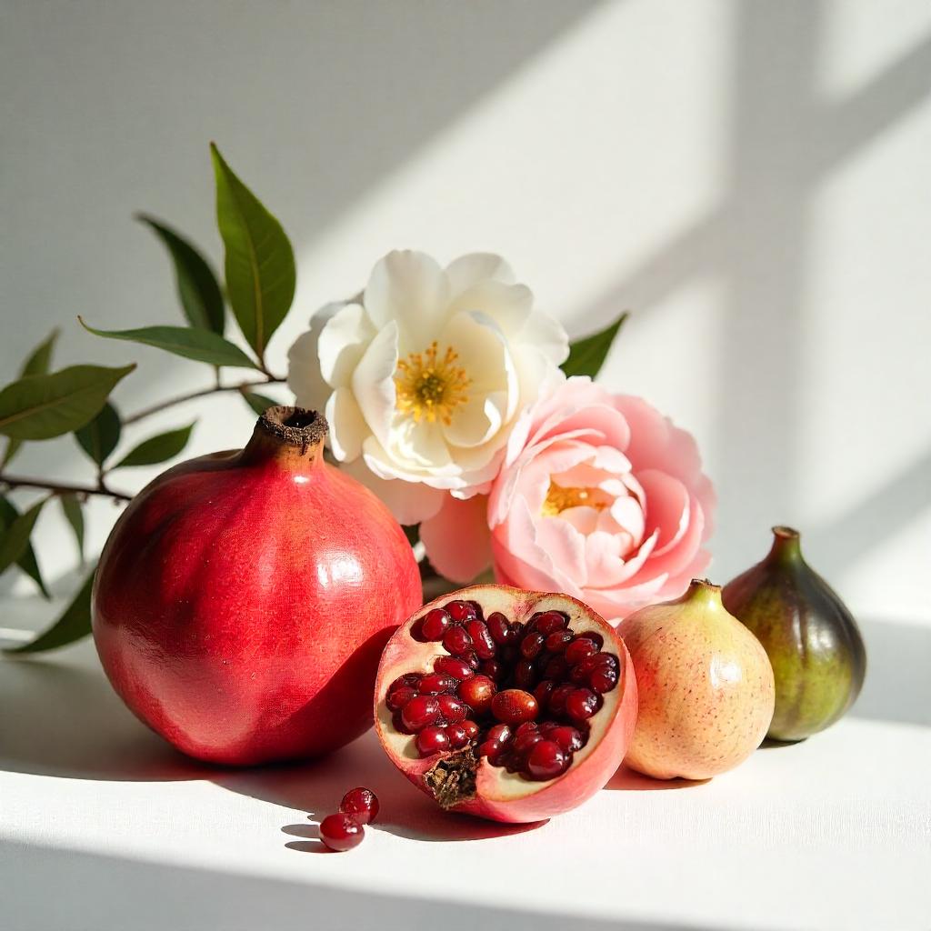 Frutas y flores representando las notas olfativas del perfume.