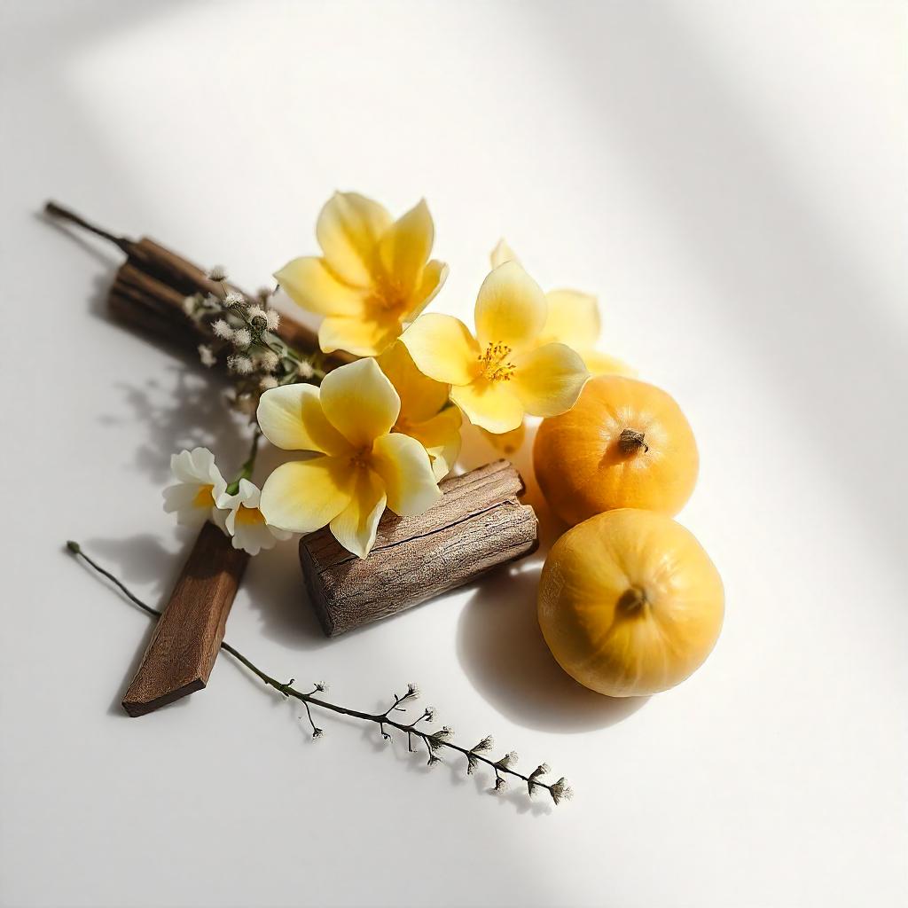 Cedro y bouquet de pétalos de flores representando las notas olfativas del perfume.