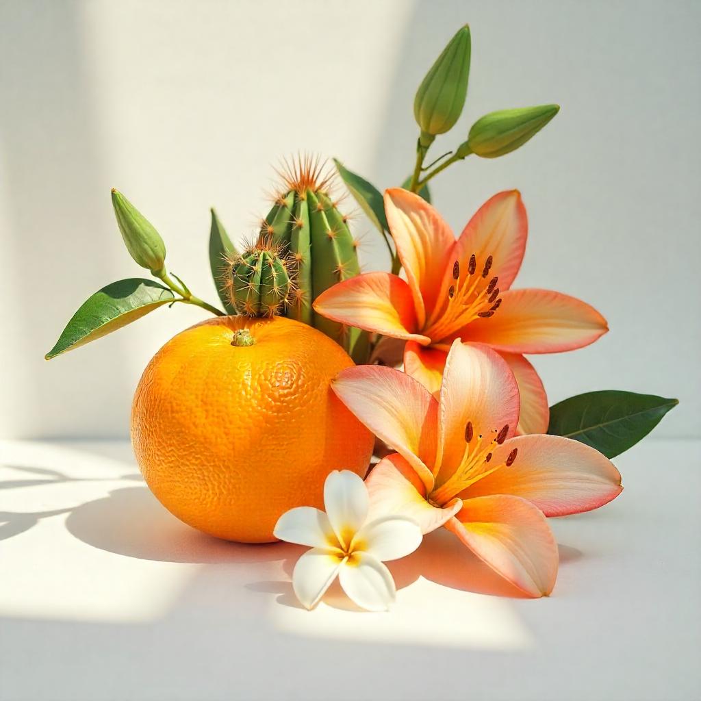 Flor de azahar del naranjo, camelia y flor de cactus representando las notas olfativas del perfume.