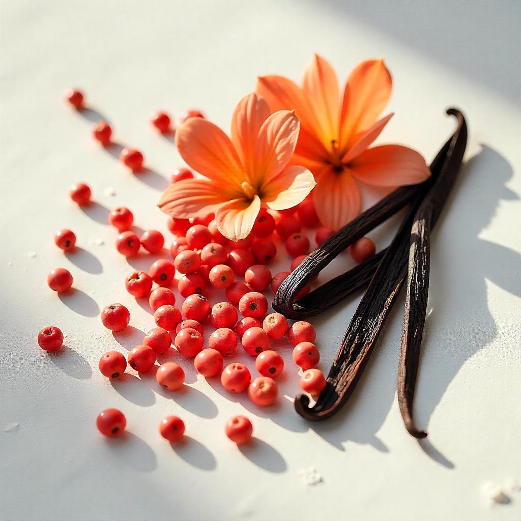 Pimienta rosa, flor de naranjo y vainilla representando las notas olfativas del perfume.