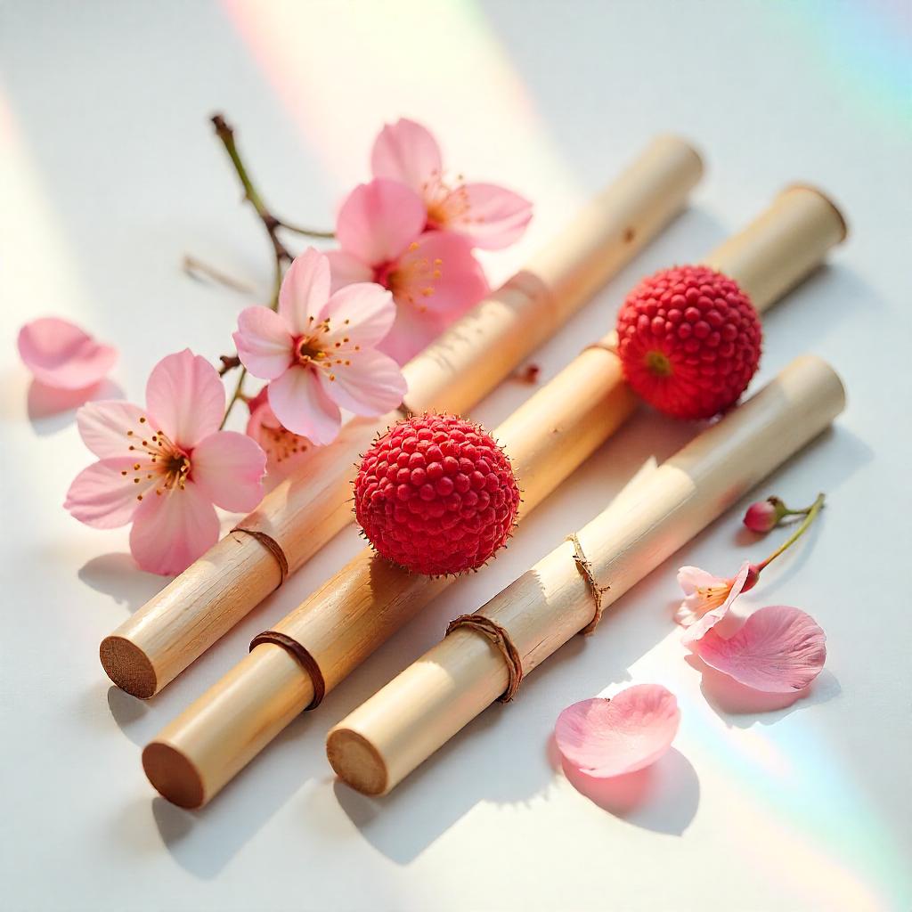 Bambú, flor de cerezo y lichi representando las notas olfativas del perfume.