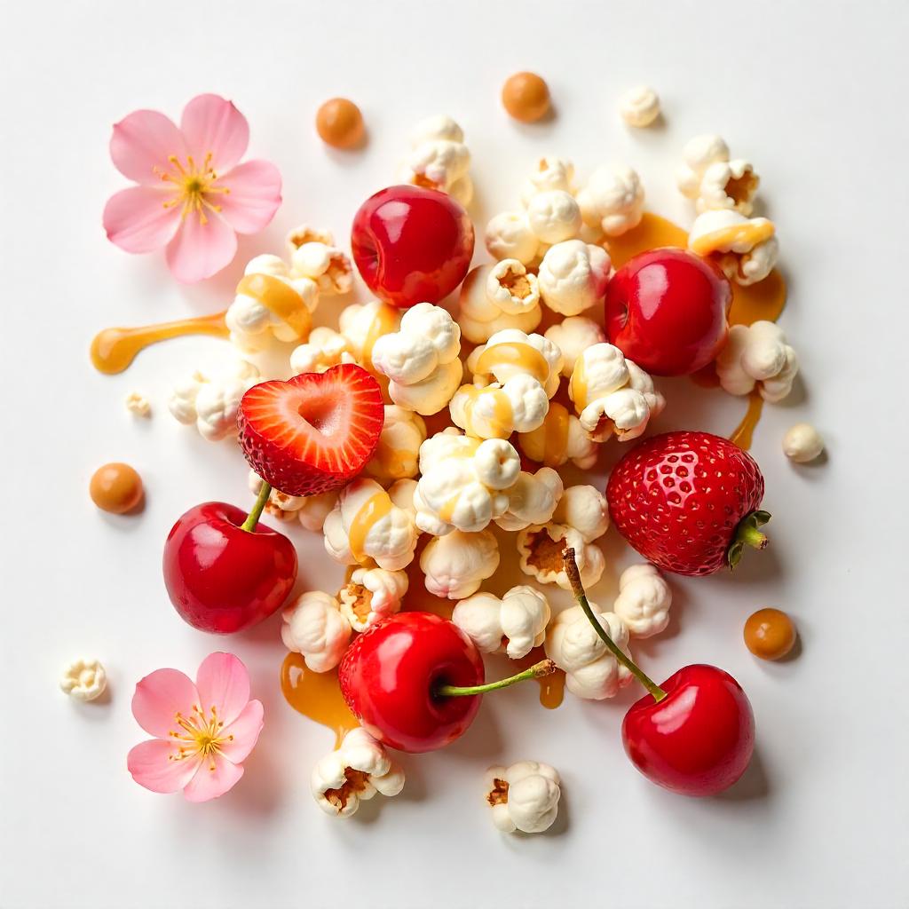 Palomitas de maíz, cereza y fresa representando las notas olfativas del perfume.