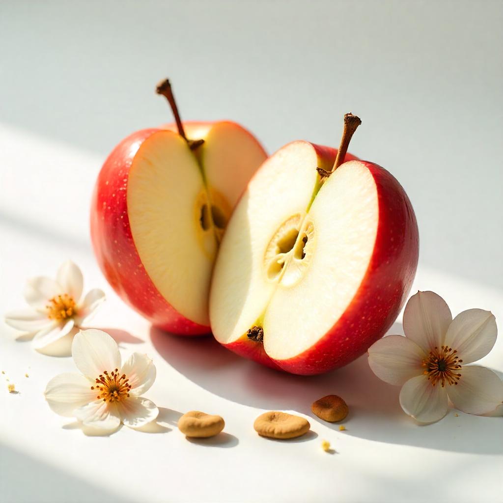 Manzana roja y flores blancas representando las notas olfativas del perfume.