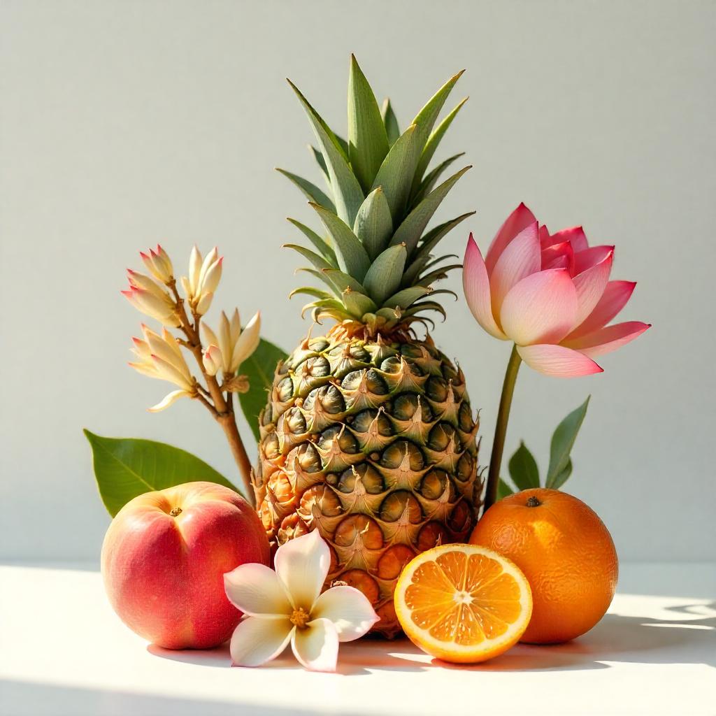 Piña, mandarina, flor de loto y rosa representando las notas olfativas del perfume.