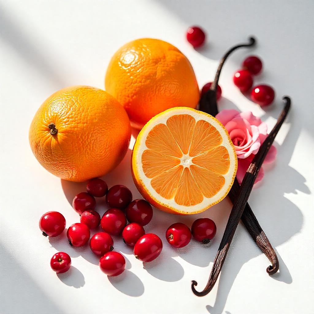 Naranjas y bayas rojas representando las notas olfativas del perfume.