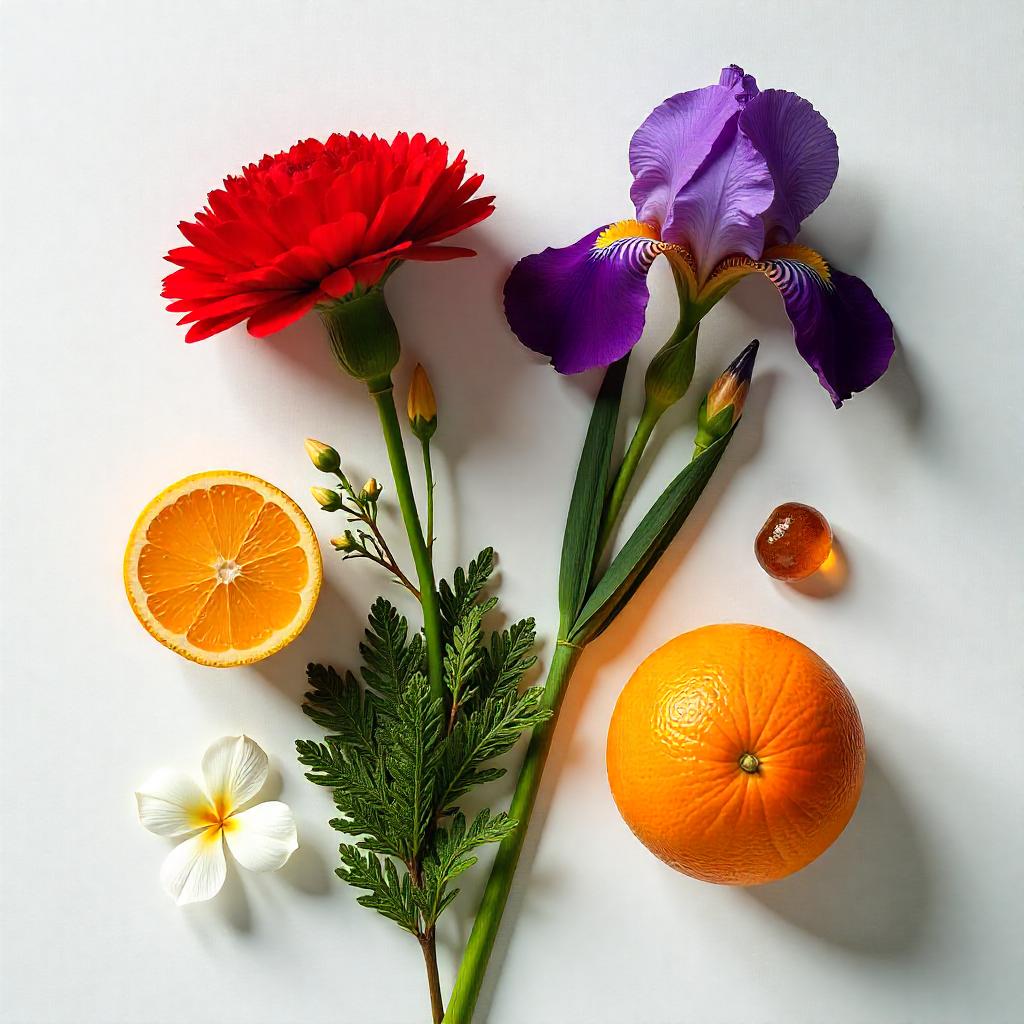 Naranjas, un clavel y un iris representando las notas olfativas del perfume.