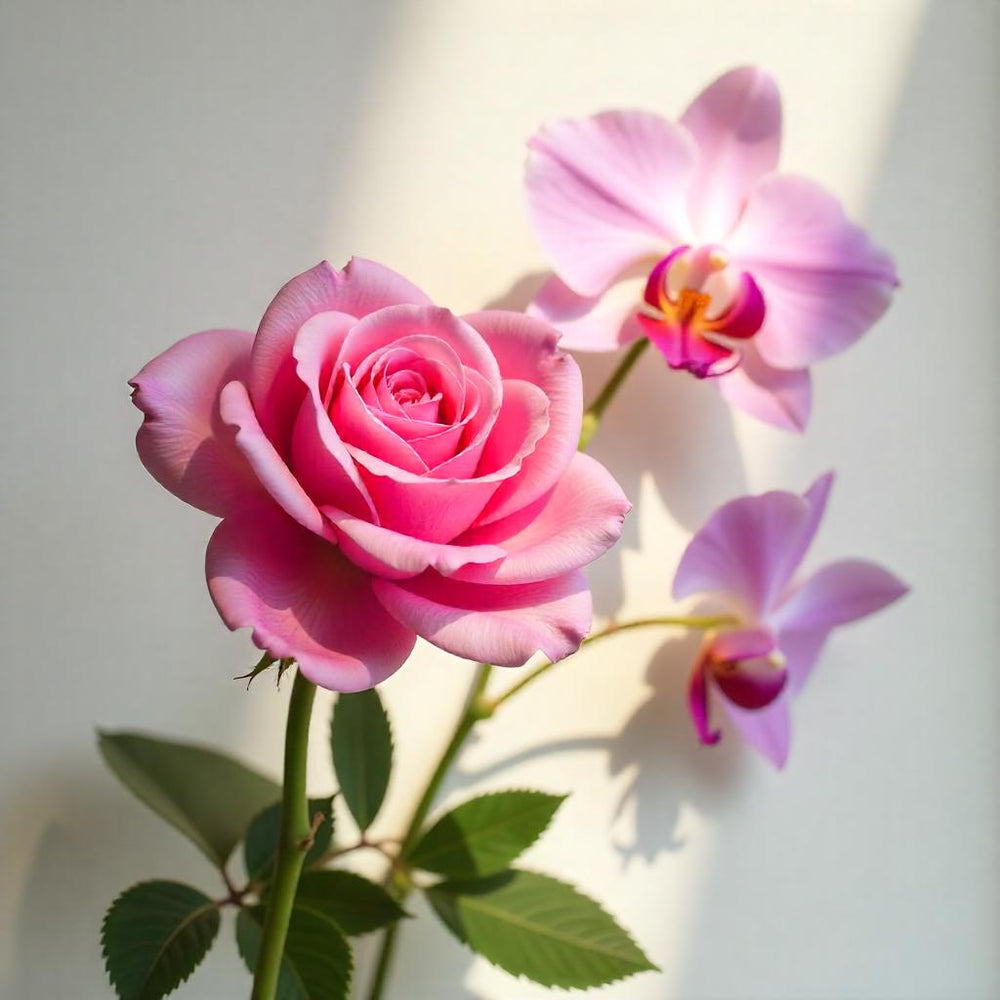 Una rosa y una fresia representando las notas olfativas del perfume.