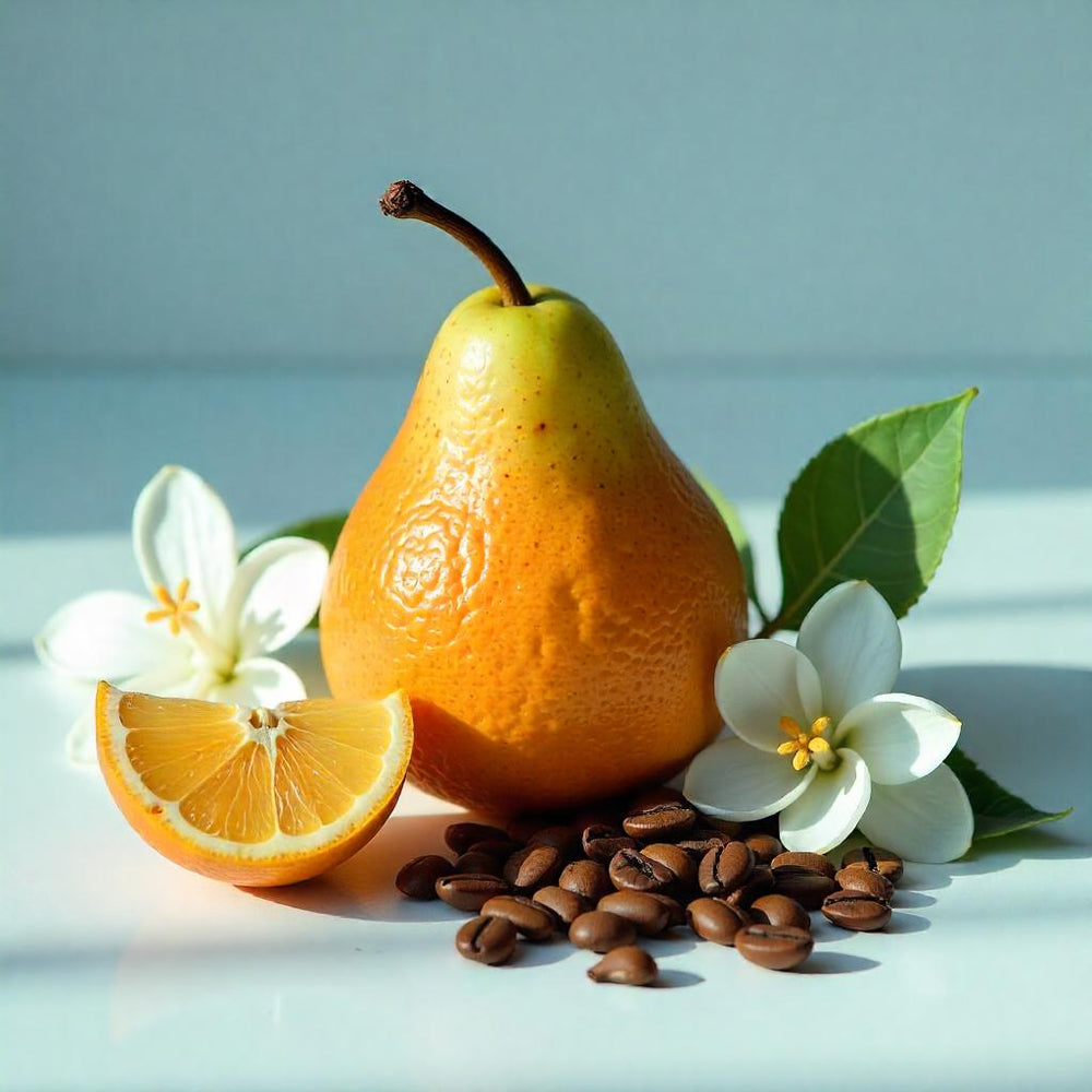 Una poera con flores de jazmín alrededor, media naranja y granos de café representando las notas olfativas del perfume.