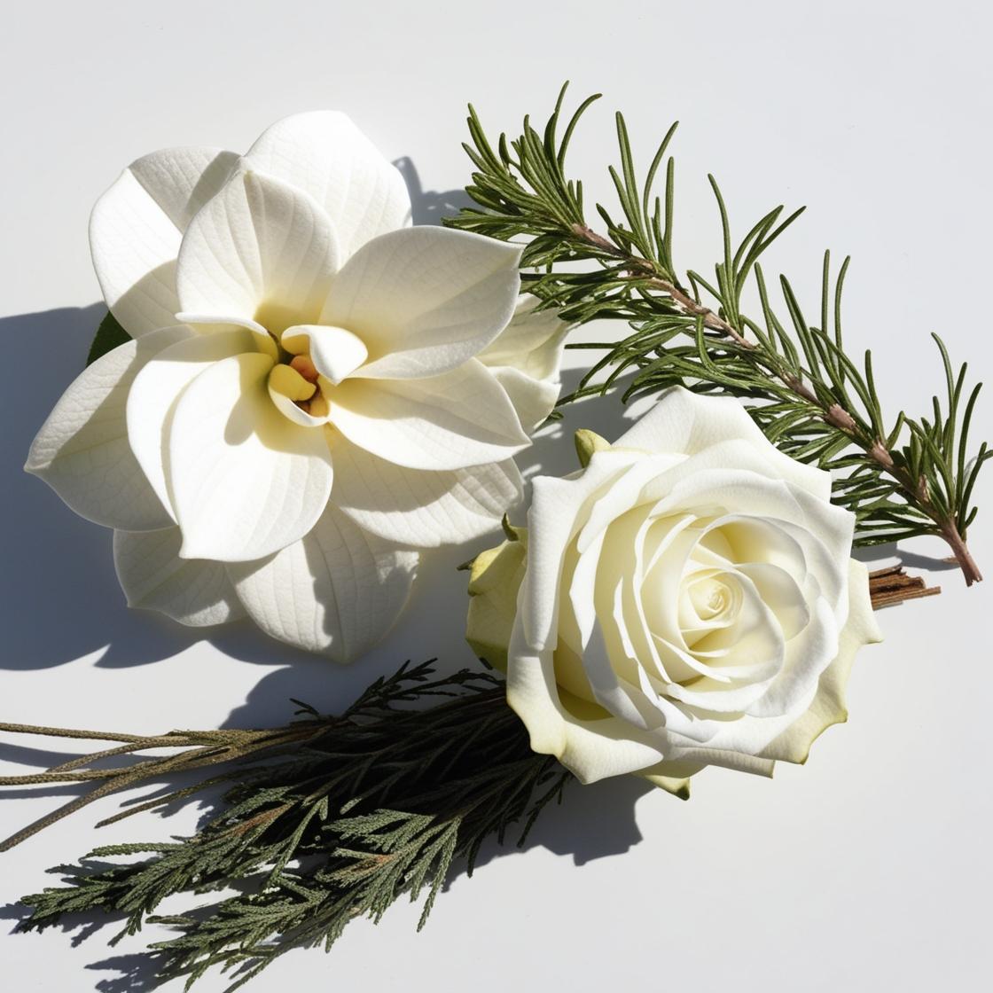 Una gardenia y una rosa blanca rodeadas de hojas de cedro representando las notas olfativas del perfume.